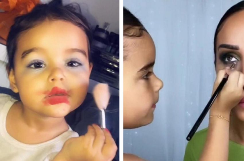  5-year-old girl gives her mother a real professional make-up