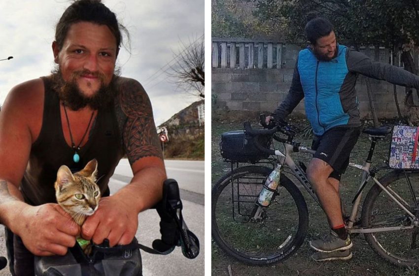  The man decides to cycle around the world solo, but the stray cat becomes his best companion