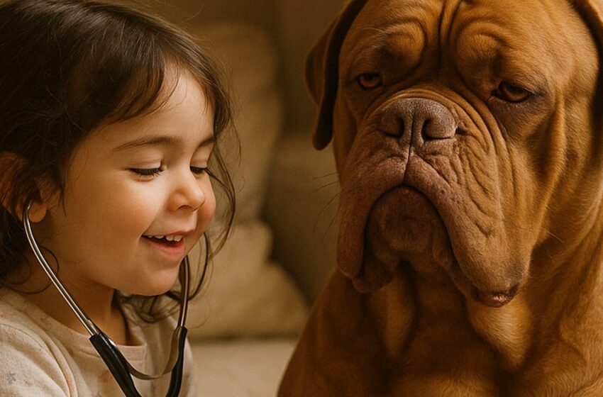  Veterinaras negalėjo patikėti savo akimis: mergaitė sugebėjo nuraminti didžiulį danų dogą vien tik savo meile.